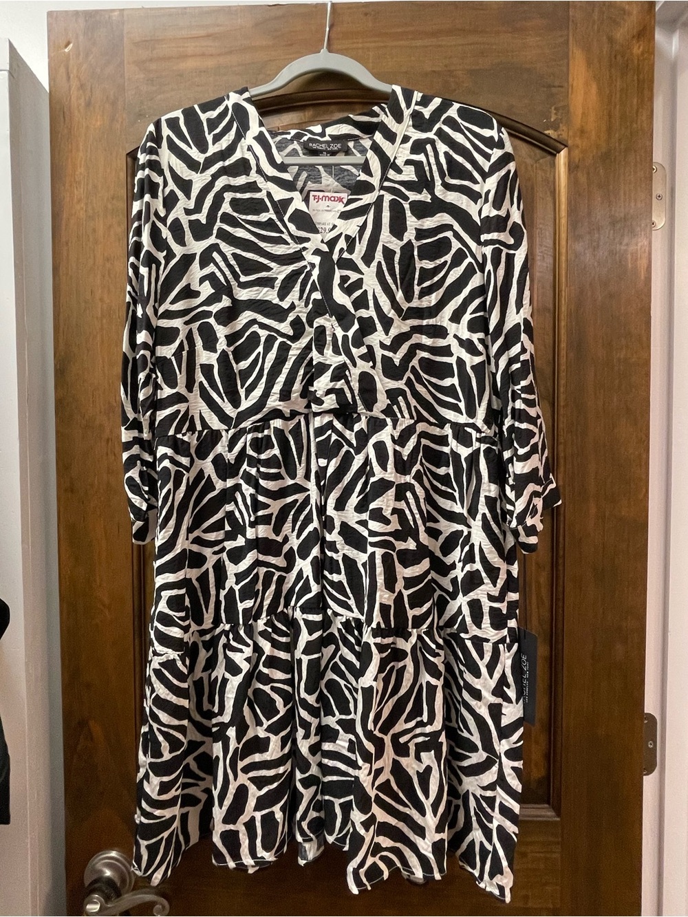 Rachel Zoe Black and White Zebra Print 3/4 Sleeve Tiered Dress Size XL